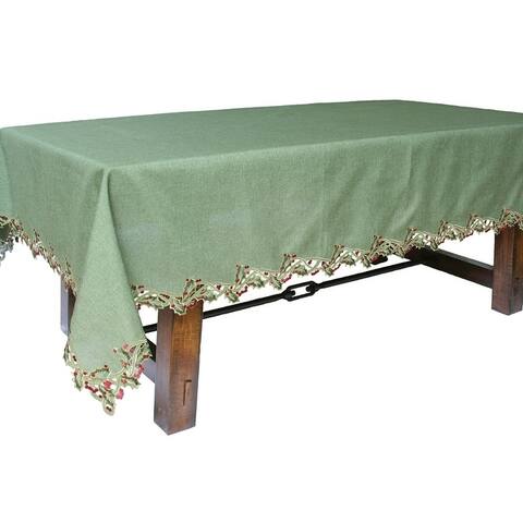 Holiday Holly Embroidered Cutwork Tablecloth, 60 by 84-Inch, Green
