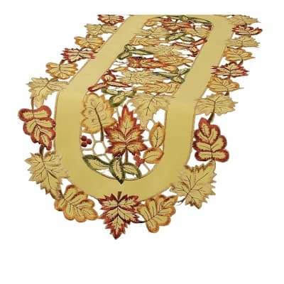Bountiful Leaf Embroidered Cutwork Fall Table Runner, 15 by 90In