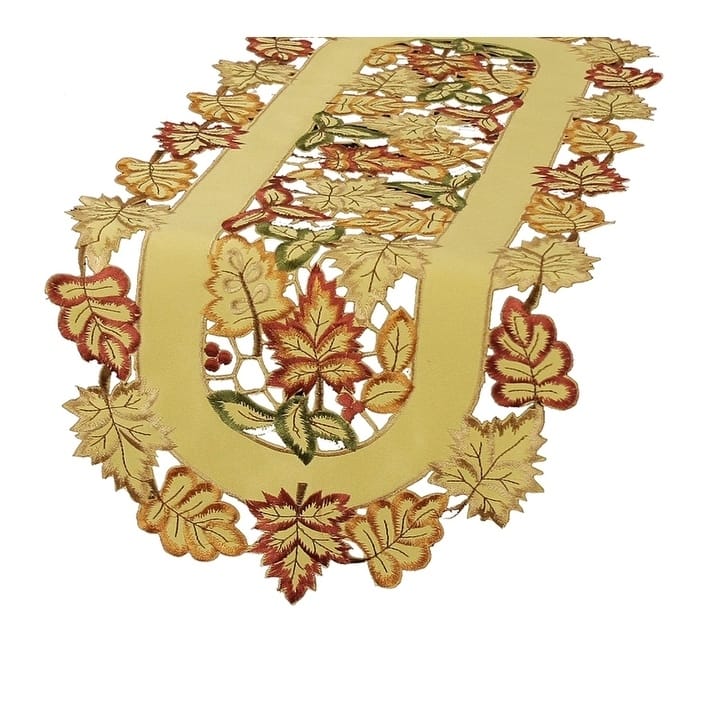 Bountiful Leaf Embroidered Cutwork Fall Table Runner, 15 by 90In