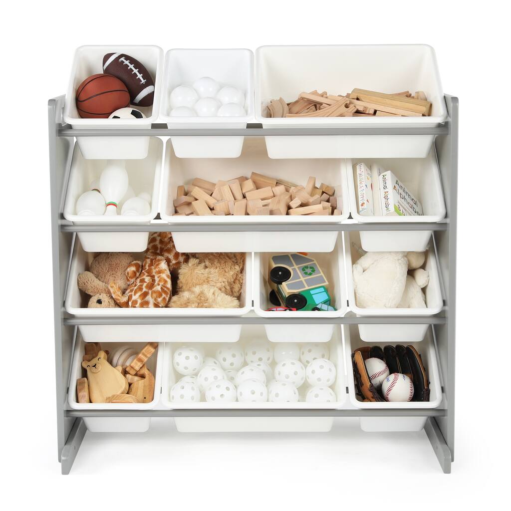 Tot Tutors Kids Toy Storage Organizer w/ 12 Plastic Bins, Grey/White