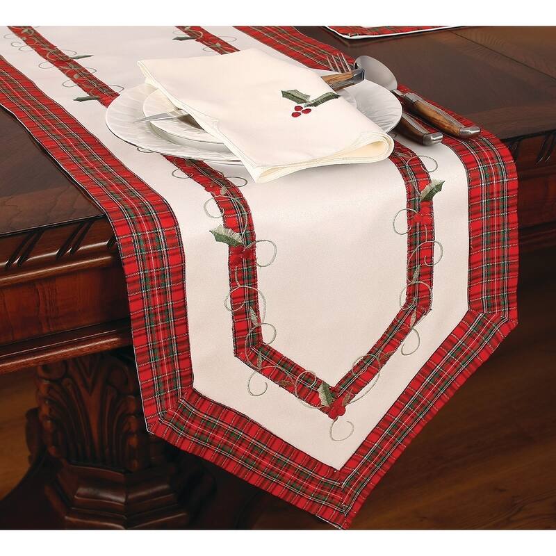 Tartan Ribbon Embroidered Holiday Table Runner-White, 15 by 54-Inch