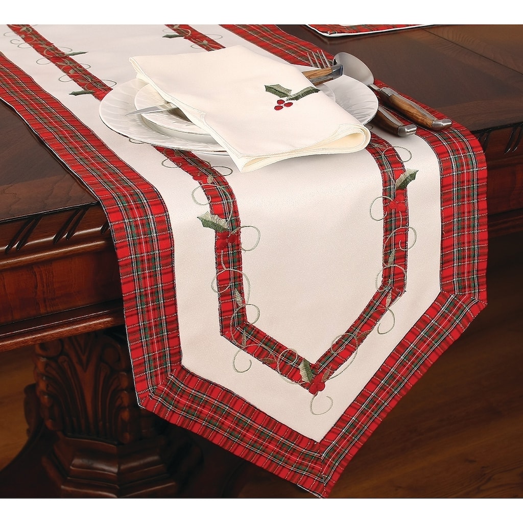 Tartan Ribbon Embroidered Holiday Table Runner-White, 15 by 54-Inch