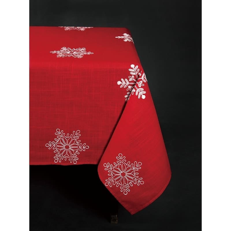Snowy Noel Embroidered Snowflake Christmas Square Tablecloth, 60 by 60-Inch, Red and White