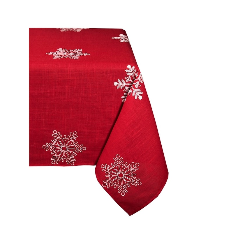 Snowy Noel Embroidered Snowflake Christmas Square Tablecloth, 60 by 60-Inch, Red and White