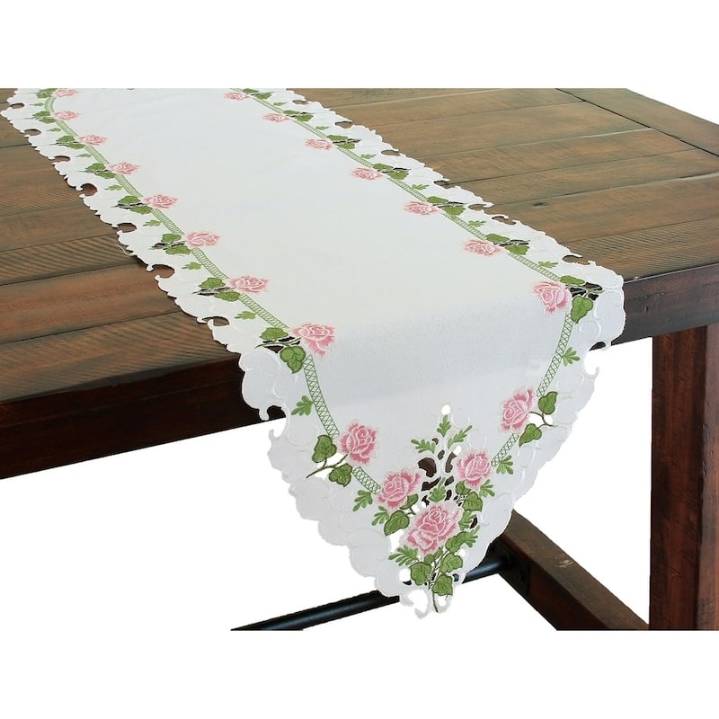 Summer Rose Embroidered Cutwork Table Runner, 15 by 72-Inch