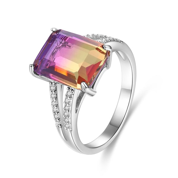 Rhodium Plated Lab-Created Ametrine Emerald-Cut Ring