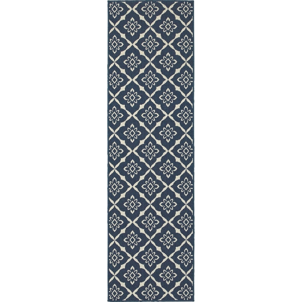 Style Haven Martinique Floral Lattice Indoor Outdoor Navy/Off-White Area Rug