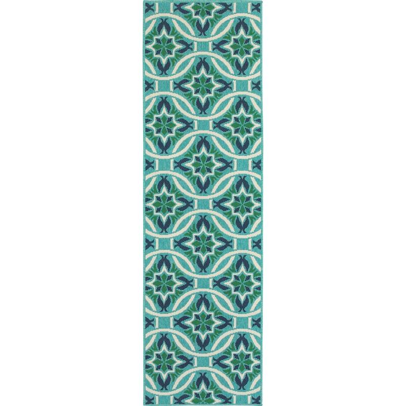 Style Haven Martinque Floral Indoor-Outdoor Blue/ Green Area Rug - 2'3" x 7'6" Runner
