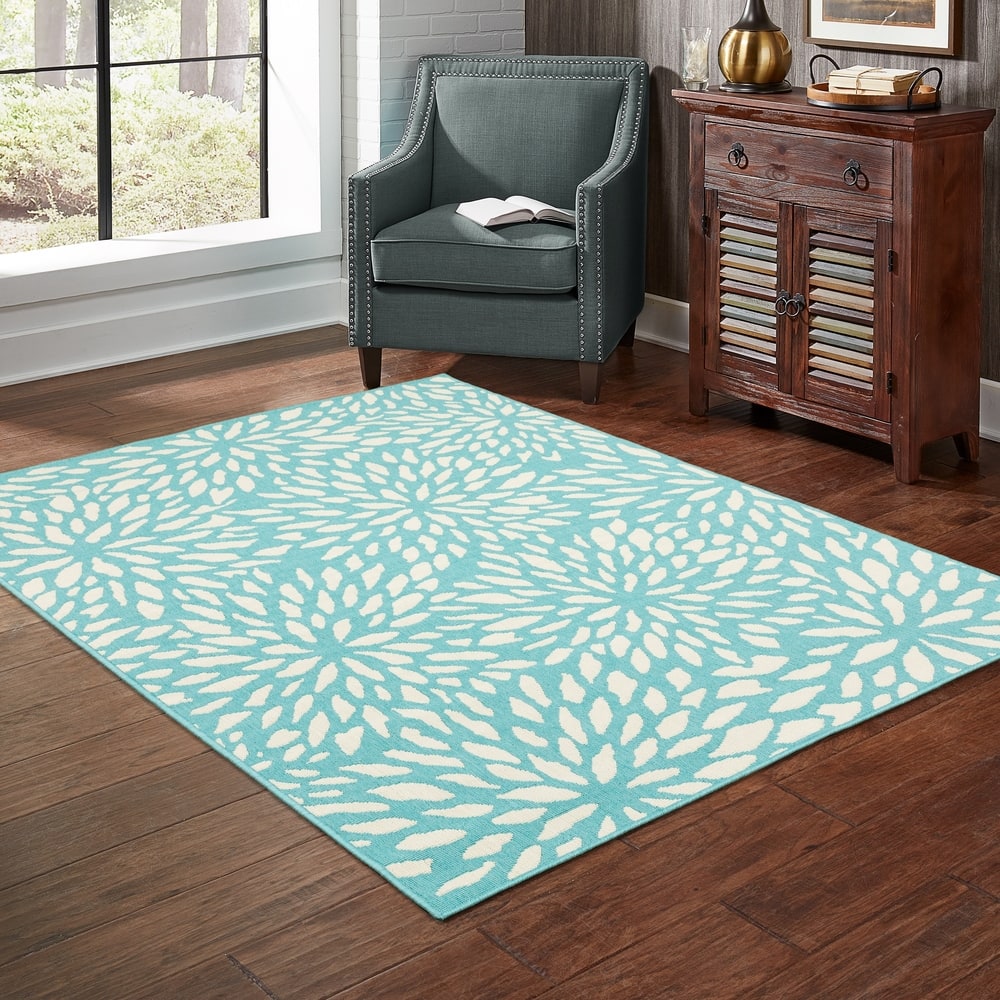 Style Haven Martinique Floral Petals Indoor Outdoor Aqua/ Off-White Area Rug