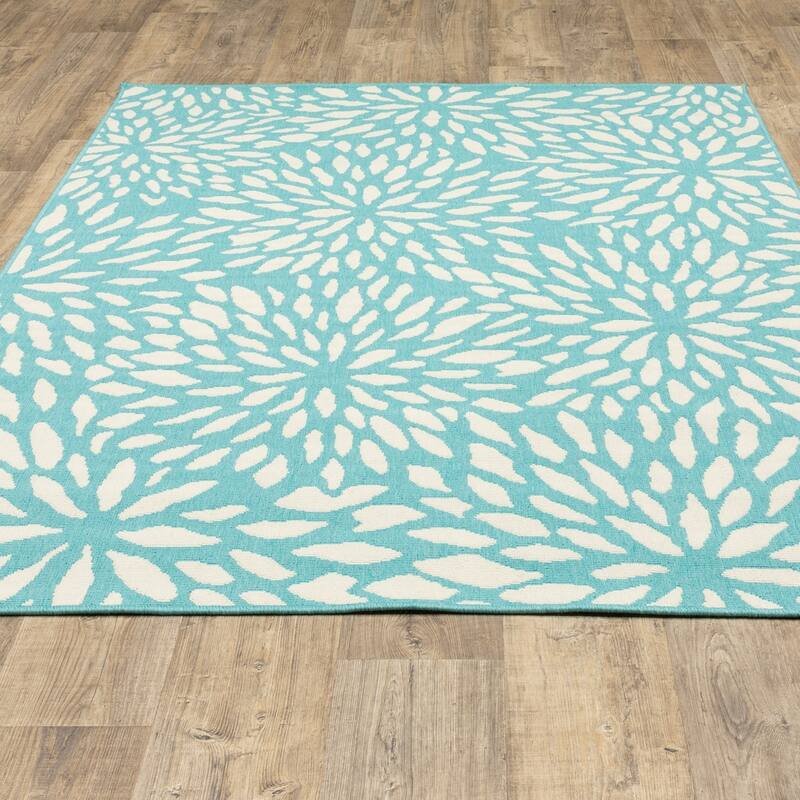 Style Haven Martinique Floral Petals Indoor Outdoor Aqua/ Off-White Area Rug