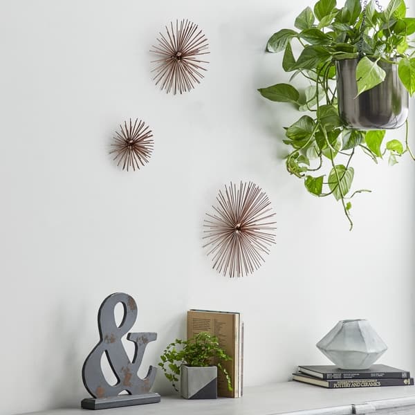 Contemporary 3D Round Copper Metal Starburst Wall Sculptures Set of 3