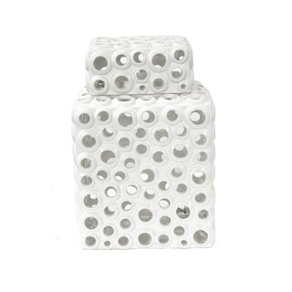 White Ceramic Sagebrook Home 11643 Ceramic Pierced Covered Jar 9 x 7 x 13.5 Inches