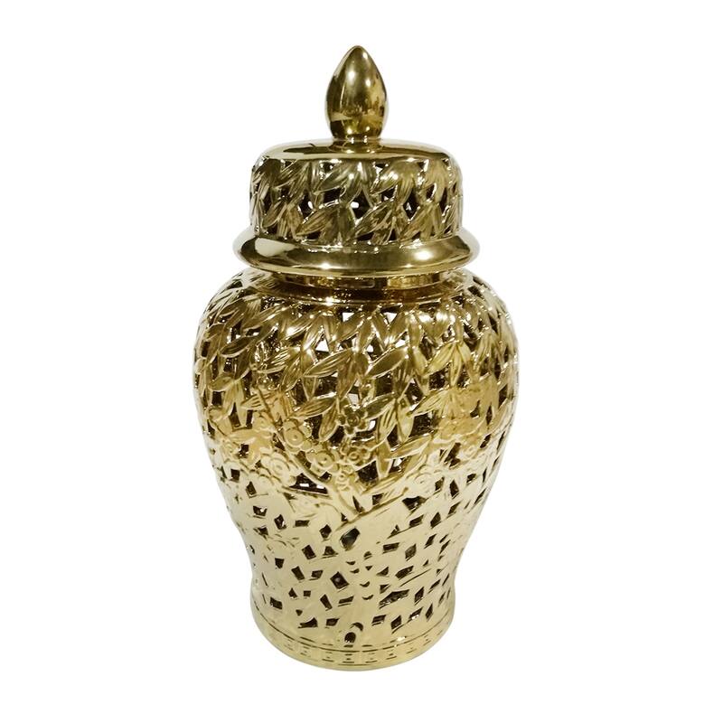 Sagebrook Home 12468-04 Pierced Ceramic Temple Jar, Gold Ceramic, 13.75 X 13.75 X 24 Inches