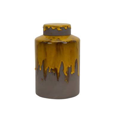 Sagebrook Home 12733-02 Decorative Ceramic Covered Jar, Mustard/Gray Ceramic, 8.75 X 8.75 X 13.25 Inches