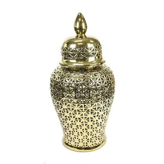 Sagebrook Home Vc10440-11 Pierced Ceramic Temple Jar, Gold Ceramic, 15.25 X 15.25 X 33.75 Inches