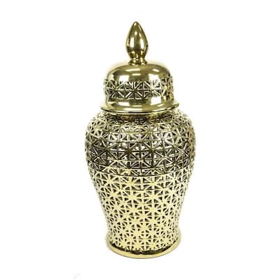 Sagebrook Home Vc10440-11 Pierced Ceramic Temple Jar, Gold Ceramic, 15.25 X 15.25 X 33.75 Inches