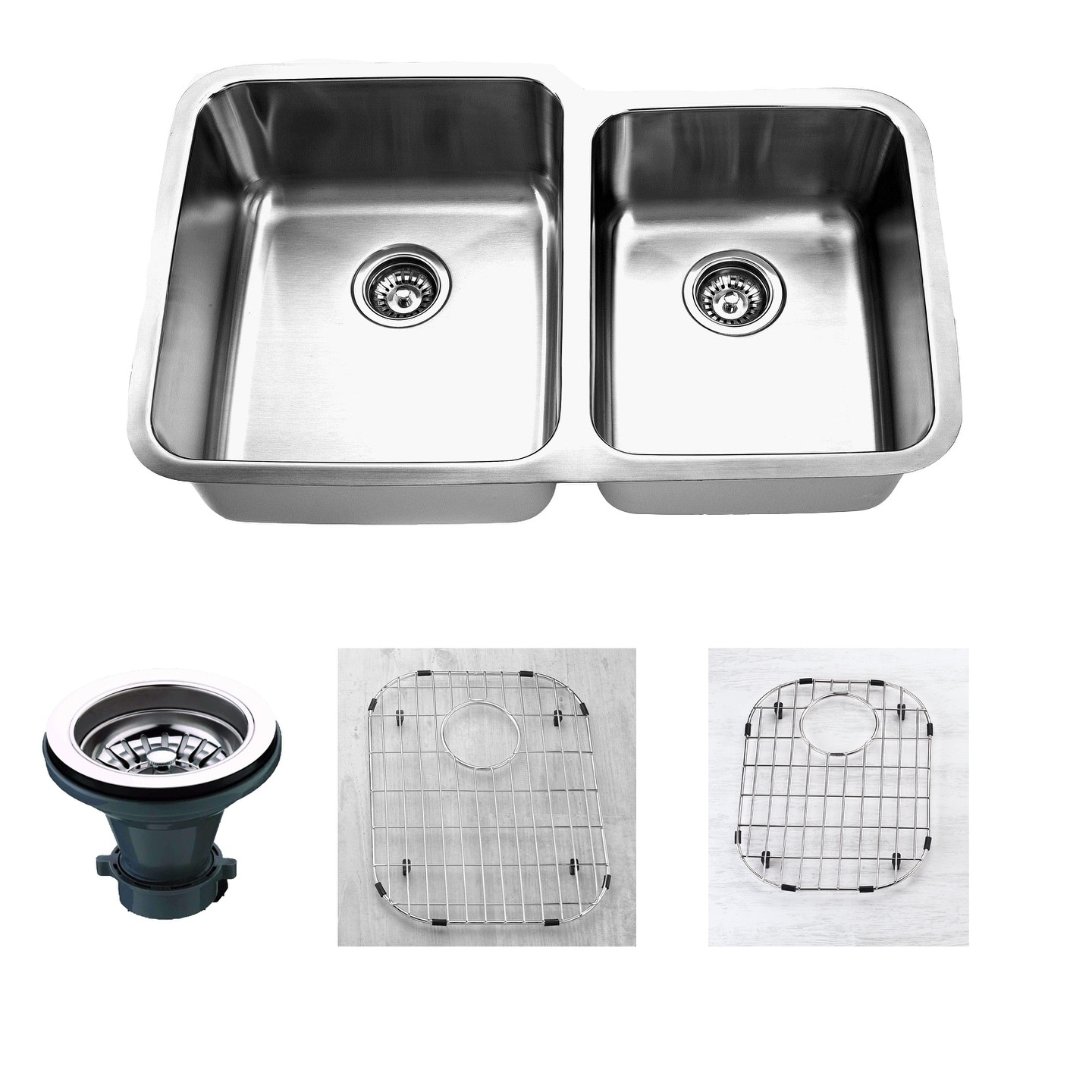 Premium Undermount 16 Gauge Stainless Steel 31.88" 55/45 Double Bowl Kitchen Sink with Grid and strainer - Silver