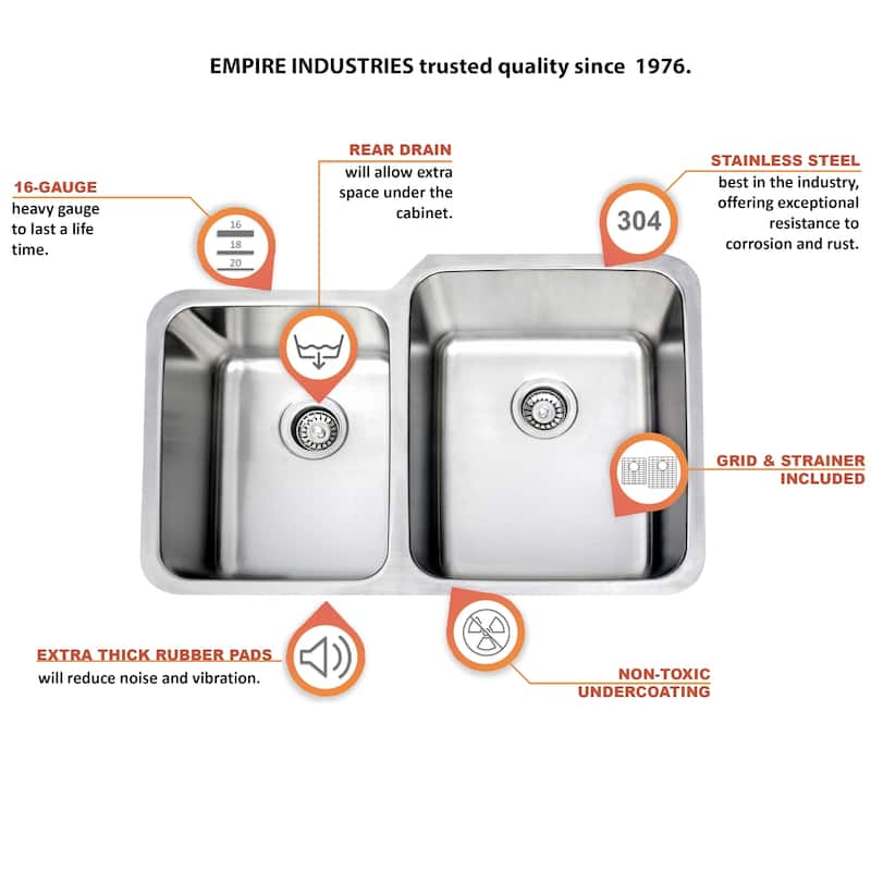 Premium Undermount 16 Gauge Stainless Steel 31.88" 45/55 Double Bowl Kitchen Sink with Grid and strainer