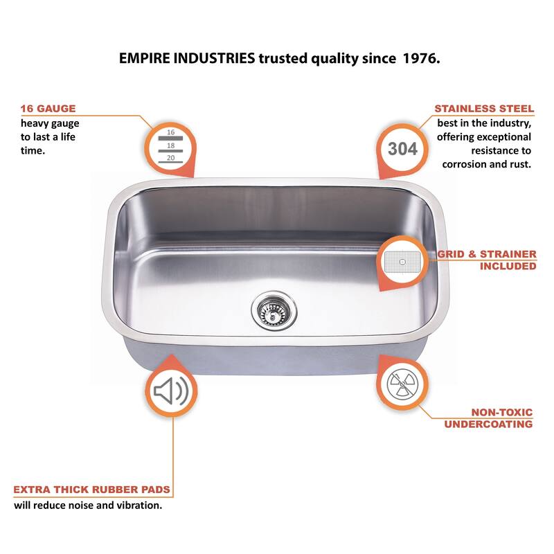 Premium Undermount 16 Gauge Stainless Steel 31.5" Single Bowl Kitchen Sink with Grid and strainer