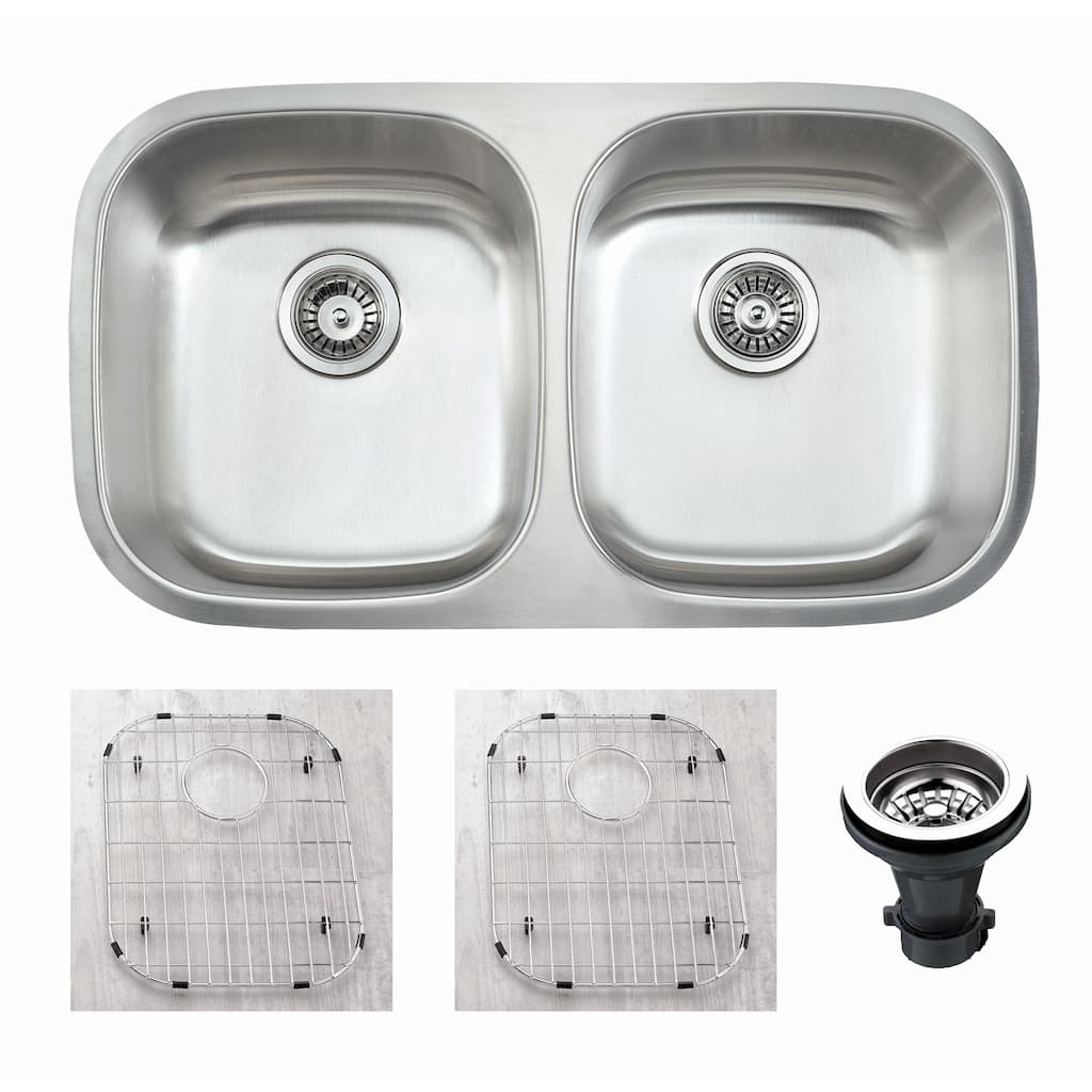Premium Undermount 16 Gauge Stainless Steel 32.5" 50/50 Double Bowl Kitchen Sink with Grid and strainer