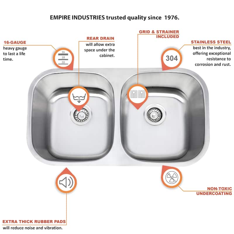 Premium Undermount 16 Gauge Stainless Steel 32.5" 50/50 Double Bowl Kitchen Sink with Grid and strainer