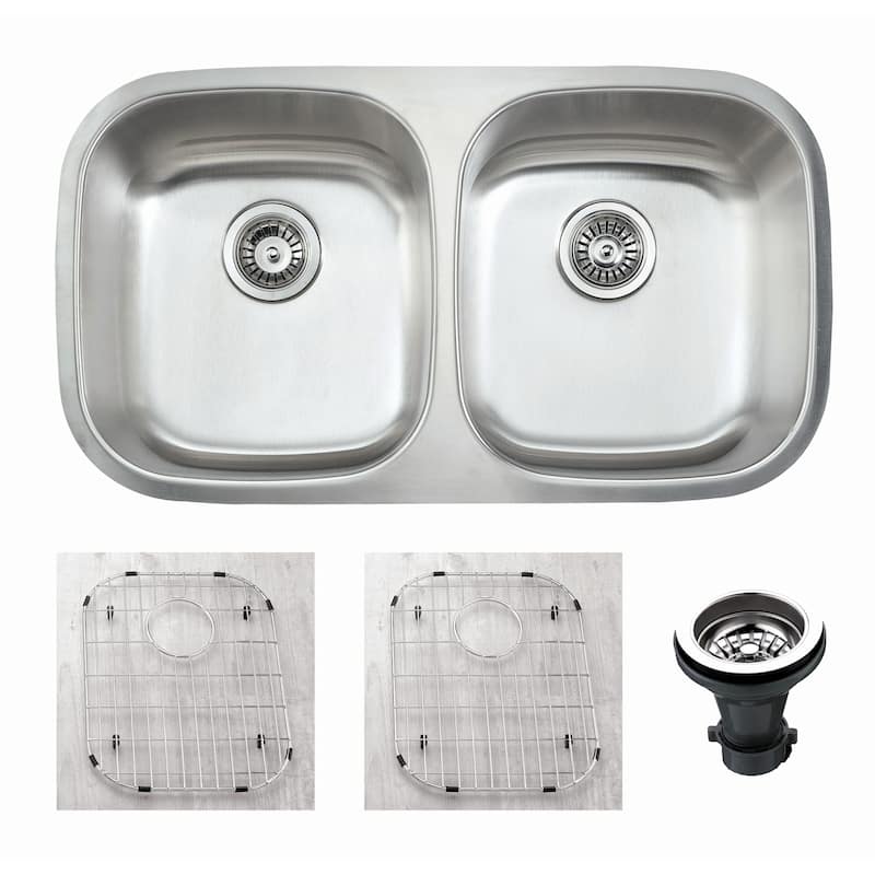 Premium Undermount 16 Gauge Stainless Steel 32.5" 50/50 Double Bowl Kitchen Sink with Grid and strainer