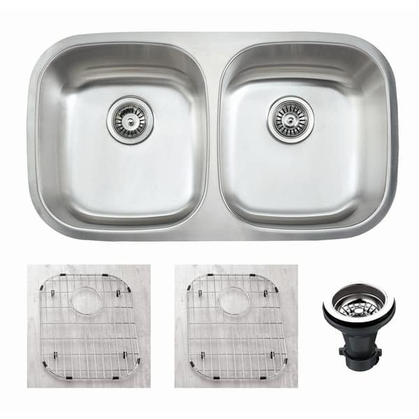 slide 2 of 3, Premium Undermount 16 Gauge Stainless Steel 32.5" 50/50 Double Bowl Kitchen Sink with Grid and strainer