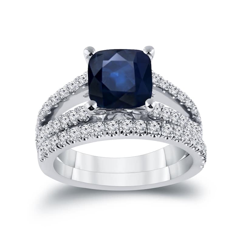 Auriya 2ct Cushion Cut Blue Sapphire and 3/4ctw Diamond Engagement Ring Set 14k Gold
