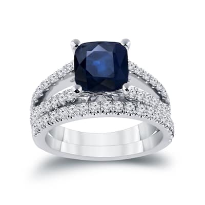 Auriya 2ct Cushion Cut Blue Sapphire and 3/4ctw Diamond Engagement Ring Set 14k Gold