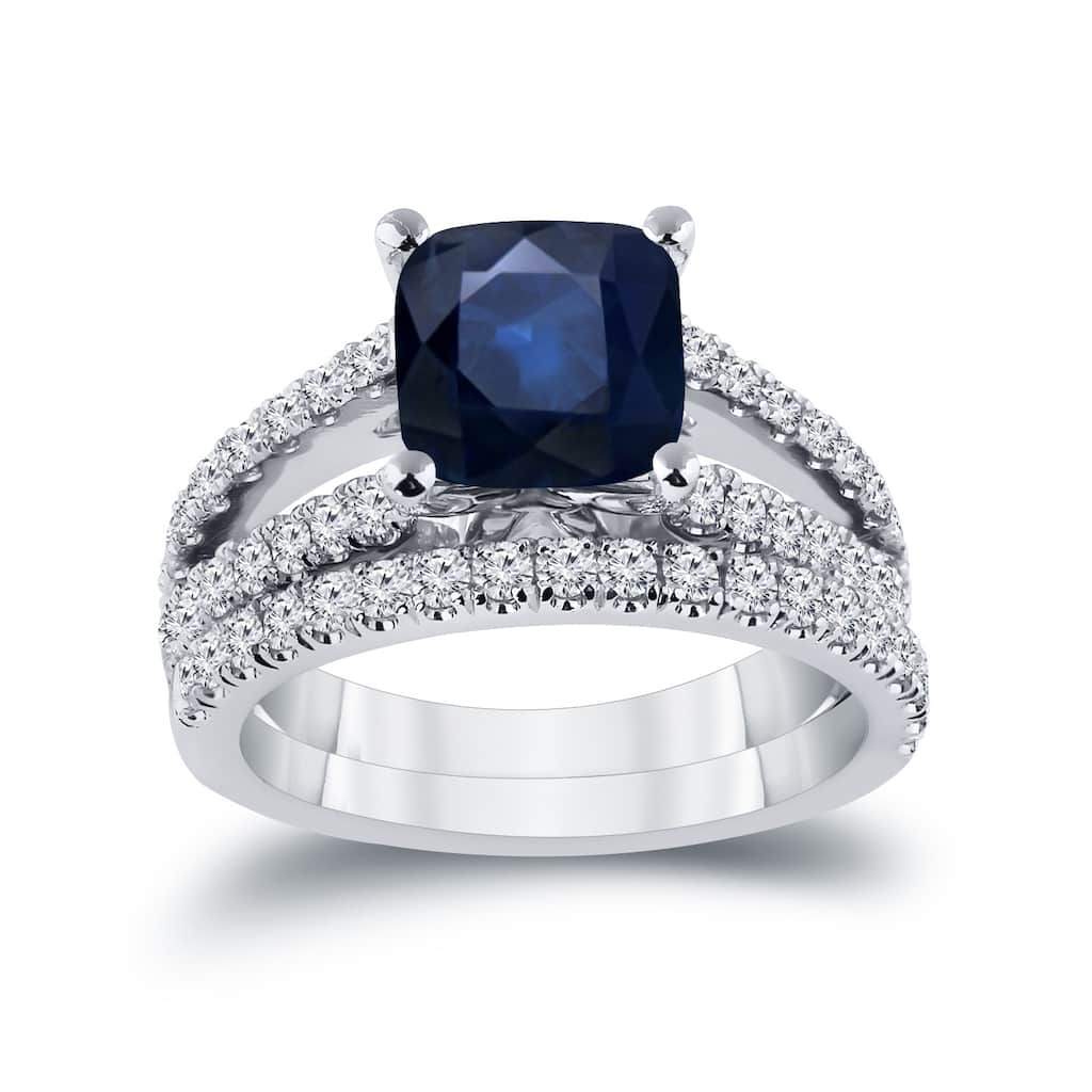 Auriya 2ct Cushion Cut Blue Sapphire and 3/4ctw Diamond Engagement Ring Set 14k Gold