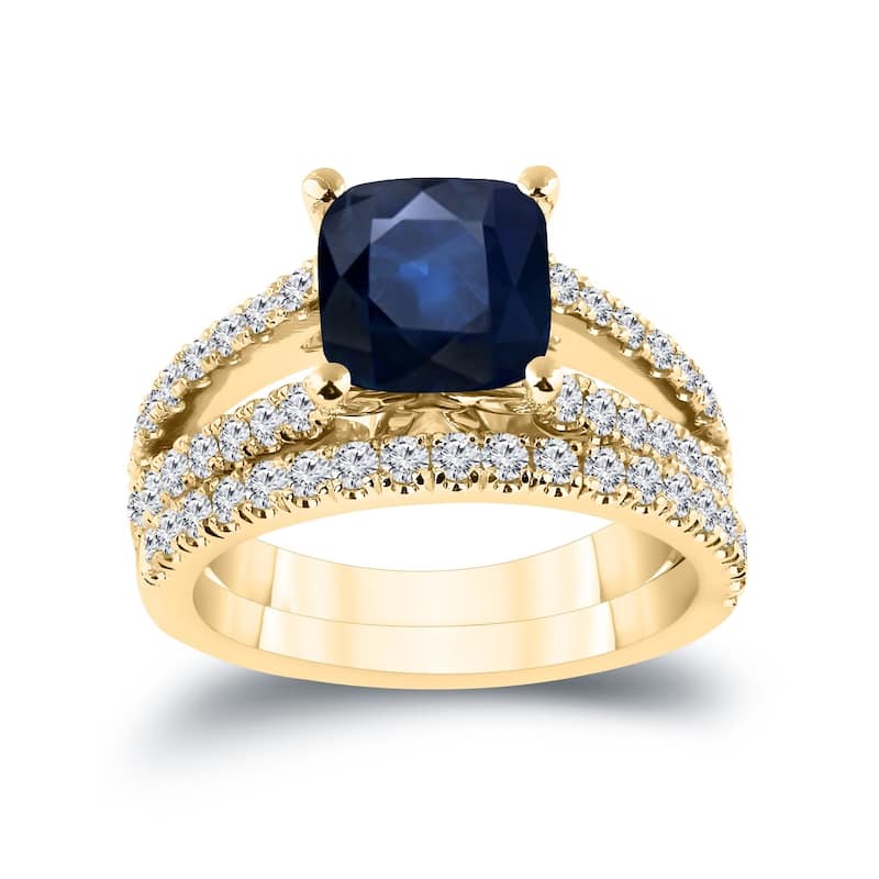 Auriya 2ct Cushion Cut Blue Sapphire and 3/4ctw Diamond Engagement Ring Set 14k Gold