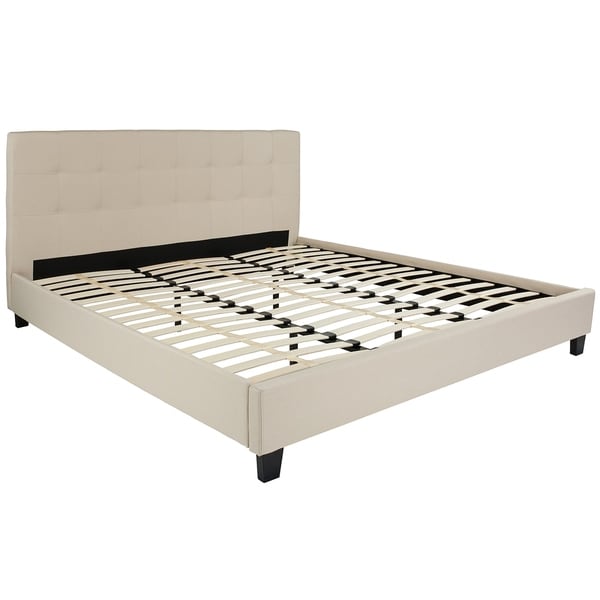 Roe King Size Beige Fabric Platform Bed With Tufted Roe King Size Beige Fabric Platform Bed With Tufted Headboard