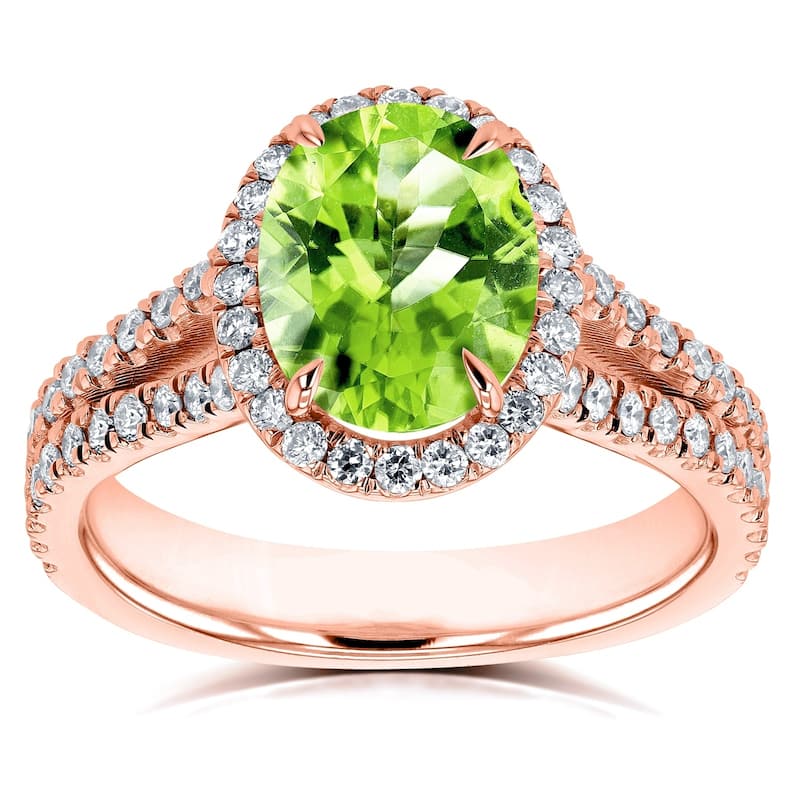 Annello by Kobelli 14k Gold 3ct TGW Oval Cut Green Peridot and Diamond Halo Split Shank Gemstone Ring