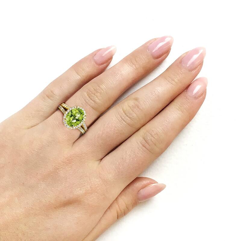 Annello by Kobelli 14k Gold 3ct TGW Oval Cut Green Peridot and Diamond Halo Split Shank Gemstone Ring