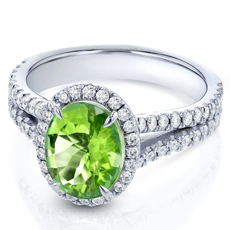 Annello by Kobelli 14k Gold 3ct TGW Oval Cut Green Peridot and Diamond Halo Split Shank Gemstone Ring