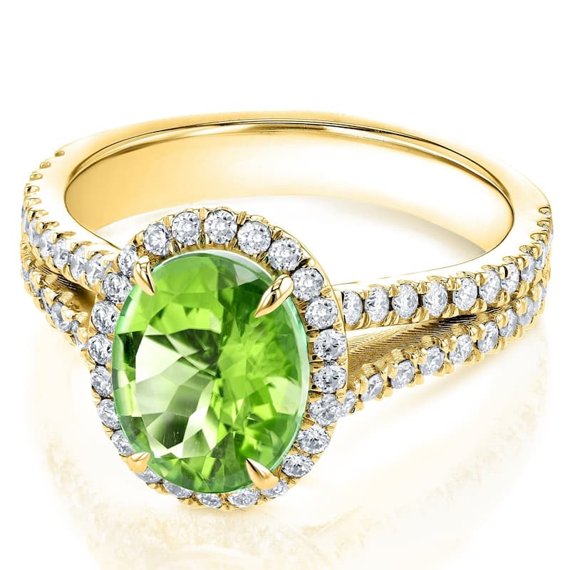 Annello by Kobelli 14k Gold 3ct TGW Oval Cut Green Peridot and Diamond Halo Split Shank Gemstone Ring