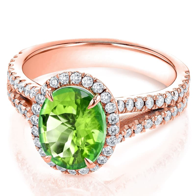 Annello by Kobelli 14k Gold 3ct TGW Oval Cut Green Peridot and Diamond Halo Split Shank Gemstone Ring