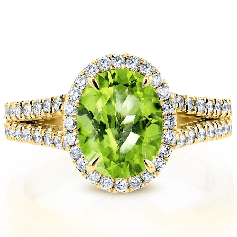 Annello by Kobelli 14k Gold 3ct TGW Oval Cut Green Peridot and Diamond Halo Split Shank Gemstone Ring