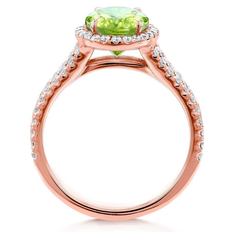 Annello by Kobelli 14k Gold 3ct TGW Oval Cut Green Peridot and Diamond Halo Split Shank Gemstone Ring