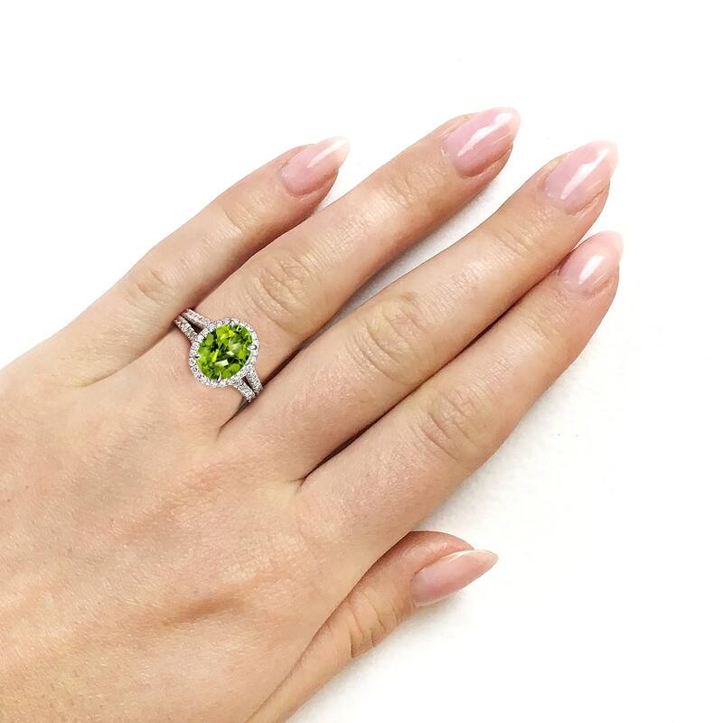 Annello by Kobelli 14k Gold 3ct TGW Oval Cut Green Peridot and Diamond Halo Split Shank Gemstone Ring
