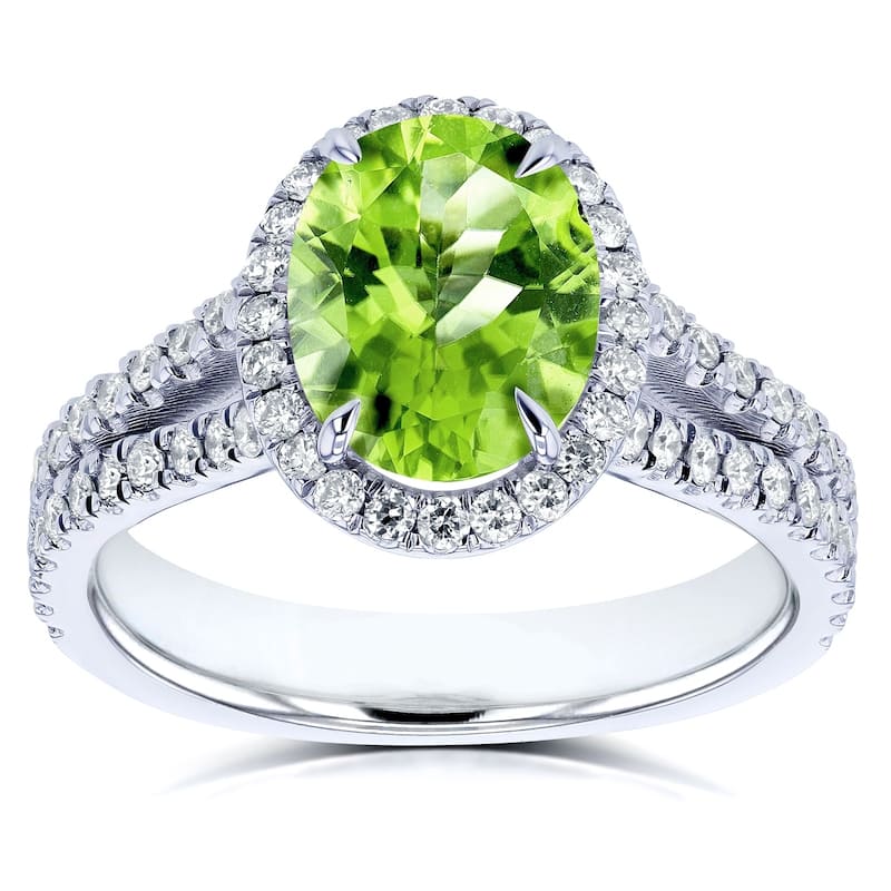Annello by Kobelli 14k Gold 3ct TGW Oval Cut Green Peridot and Diamond Halo Split Shank Gemstone Ring