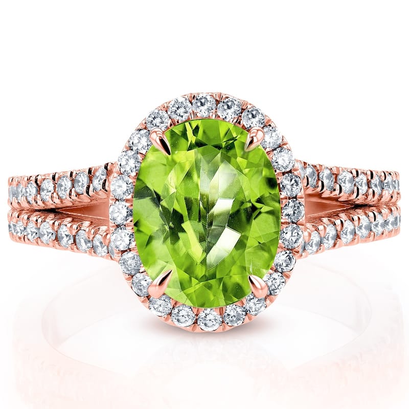 Annello by Kobelli 14k Gold 3ct TGW Oval Cut Green Peridot and Diamond Halo Split Shank Gemstone Ring