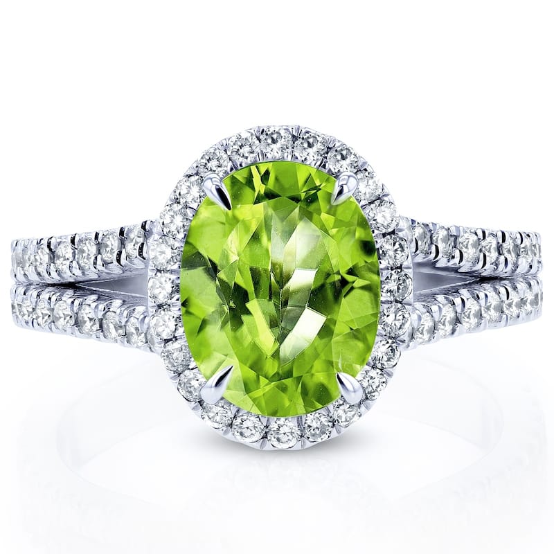 Annello by Kobelli 14k Gold 3ct TGW Oval Cut Green Peridot and Diamond Halo Split Shank Gemstone Ring