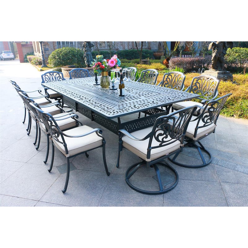 Saratoga 13pc Sunbrella Cushioned Dining Set, 60'' x 108'' Rectangle Table