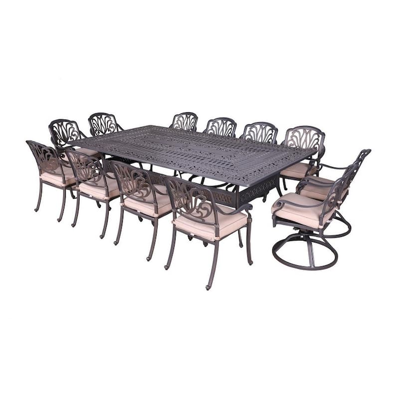 Saratoga 13pc Sunbrella Cushioned Dining Set, 60'' x 108'' Rectangle Table