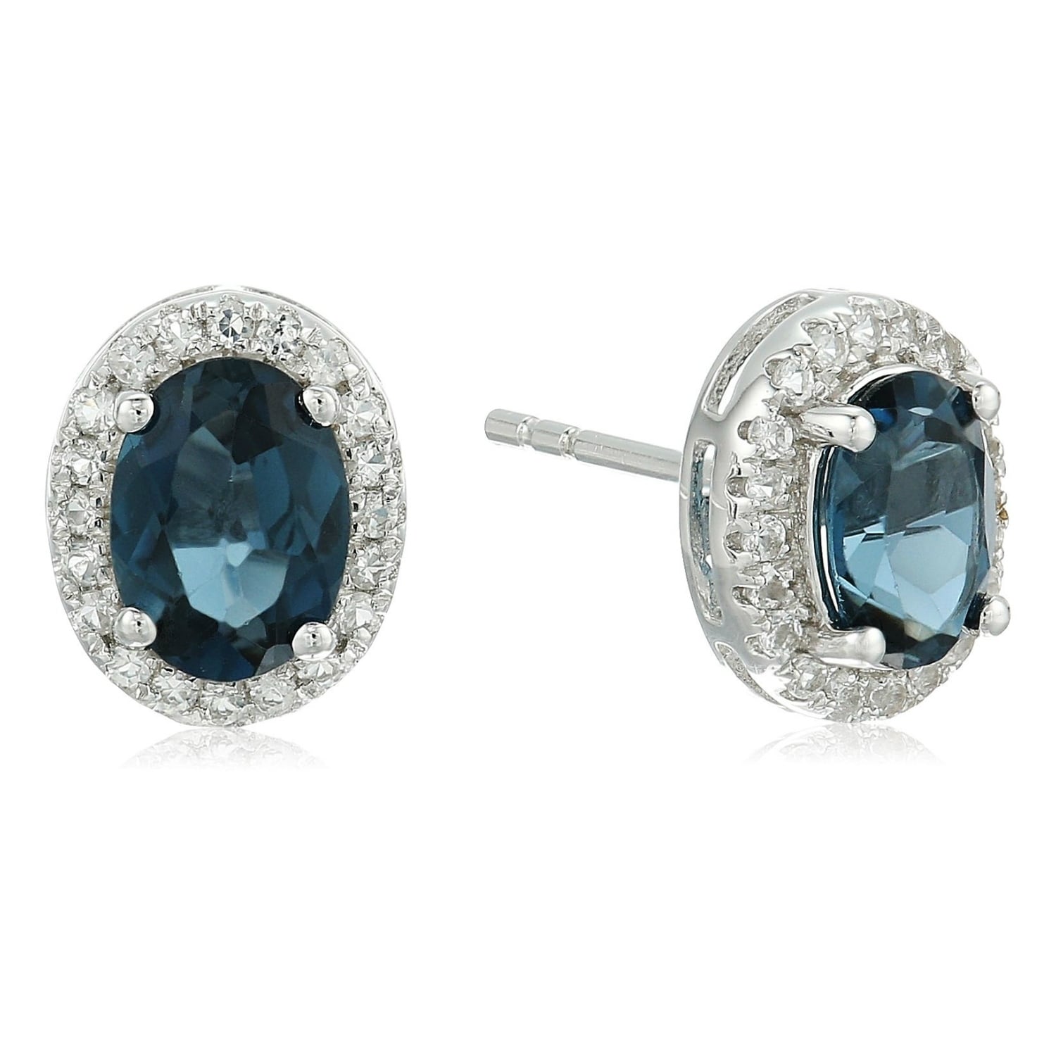 Pinctore Sterling Silver Oval London Blue Topaz and White Topaz Earrings