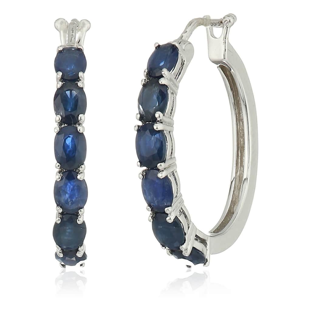Sterling Silver Genuine Blue Sapphire Oval Hoop Earrings, 3/4"