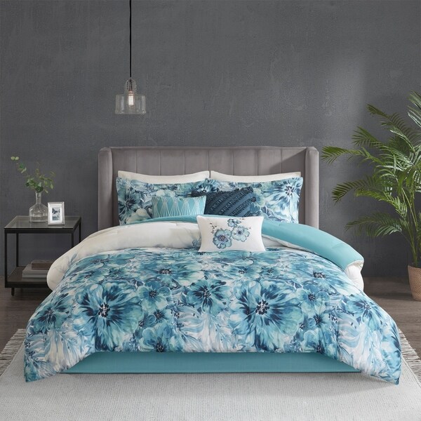 Madison Park Adella Teal 7 Piece Cotton Printed Comforter Set