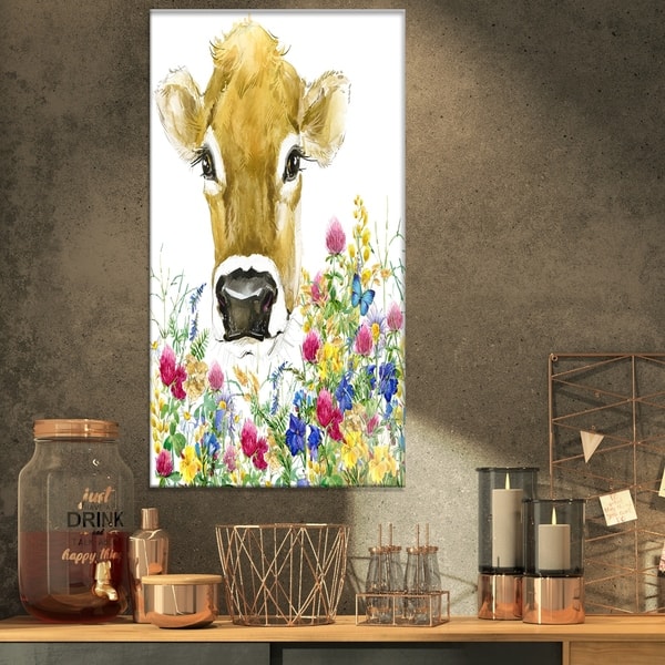 Designart Cow In Colorful Flowers Farmhouse Animal Print On Wrapped Canvas White Overstock 21276006