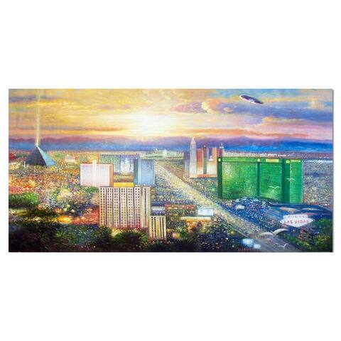 Designart ' Colorful Sunset in Las Vegas' Cityscapes Print on Wrapped Canvas - Blue